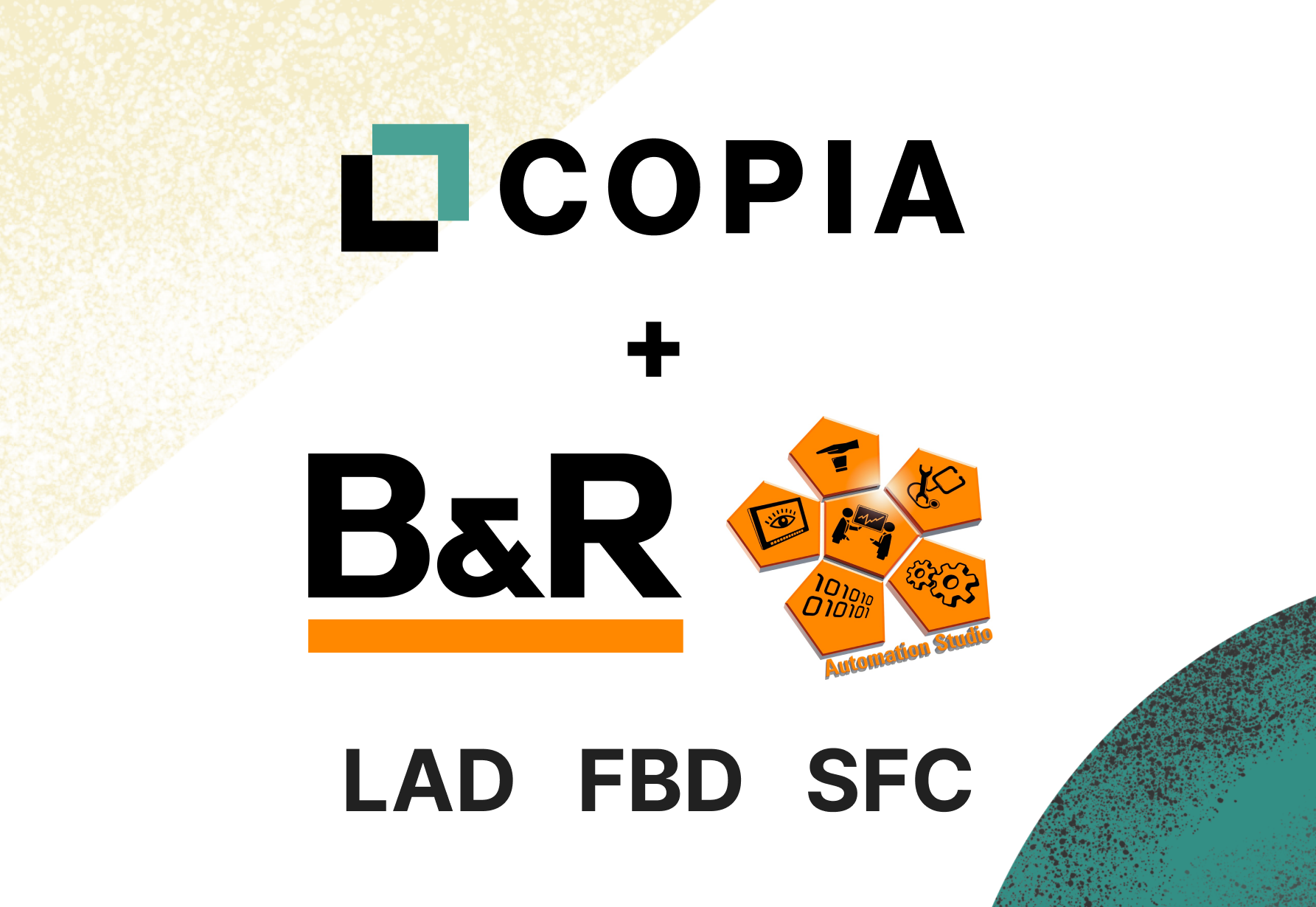 Copia and B&R logos with icons representing automation and technology on a white background.