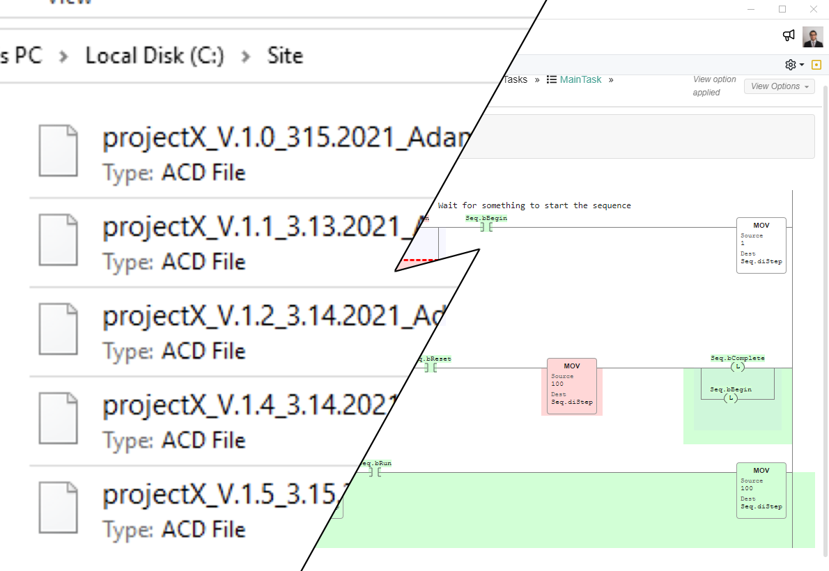 A split-screen image showing a list of project files on the left and a flowchart or sequence diagram on the right.