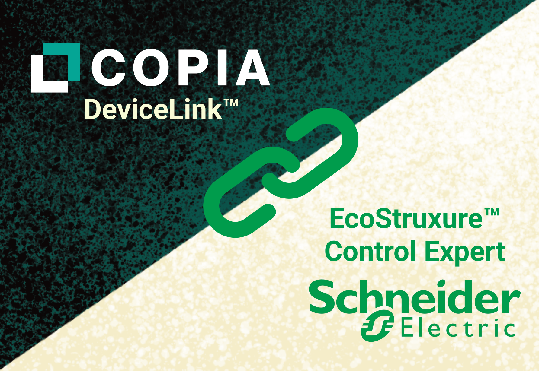 A graphic with logos and text promoting EcoStruxure Control Expert by Schneider Electric and DeviceLink technology.