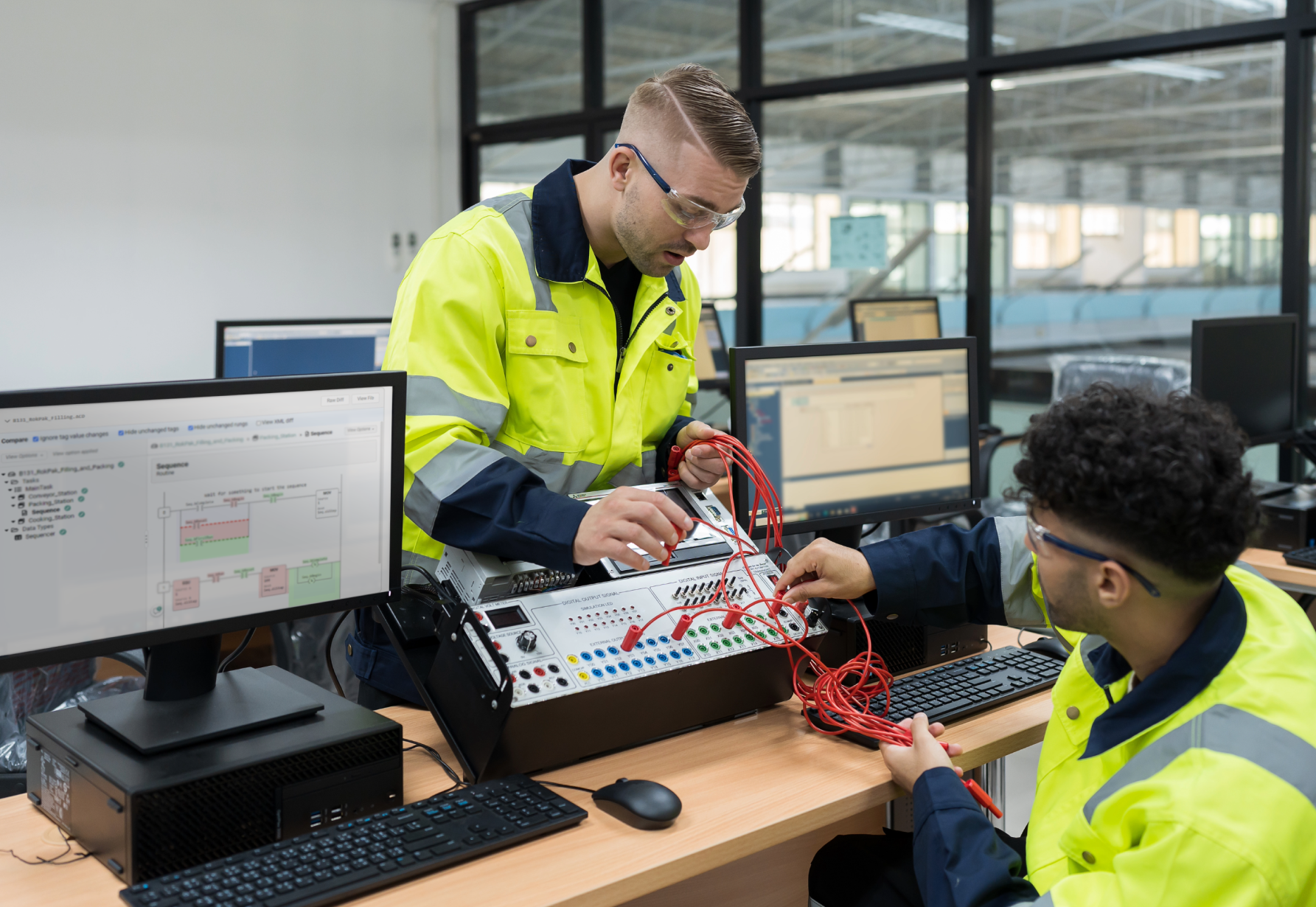 Two young engineers in high-visibility jackets work together on electronic testing with computers and equipment in a modern