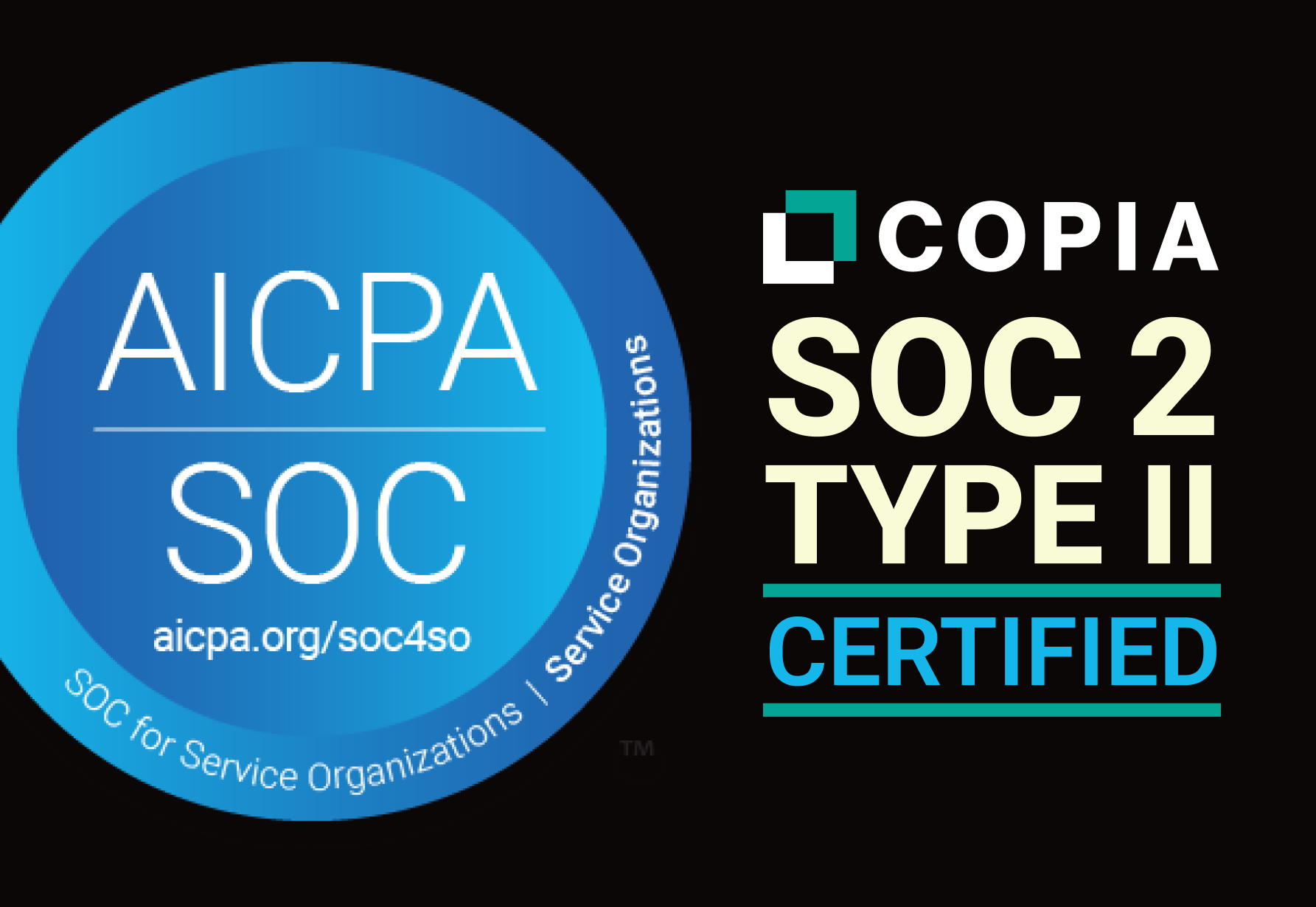 A certification badge indicating SOC 2 Type II compliance for AICPA Service Organizations.