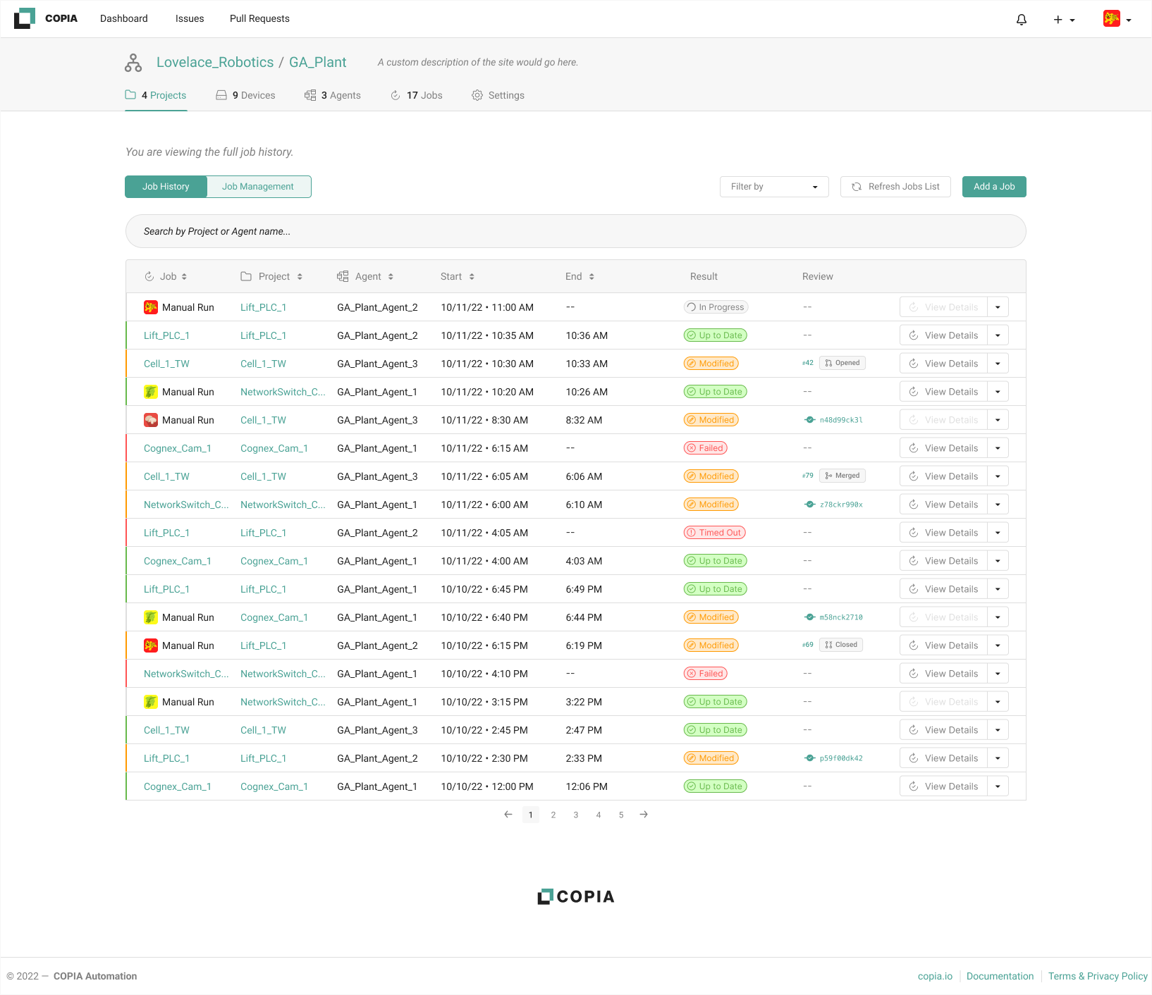 Copia's DeviceLink Job History Screenshot