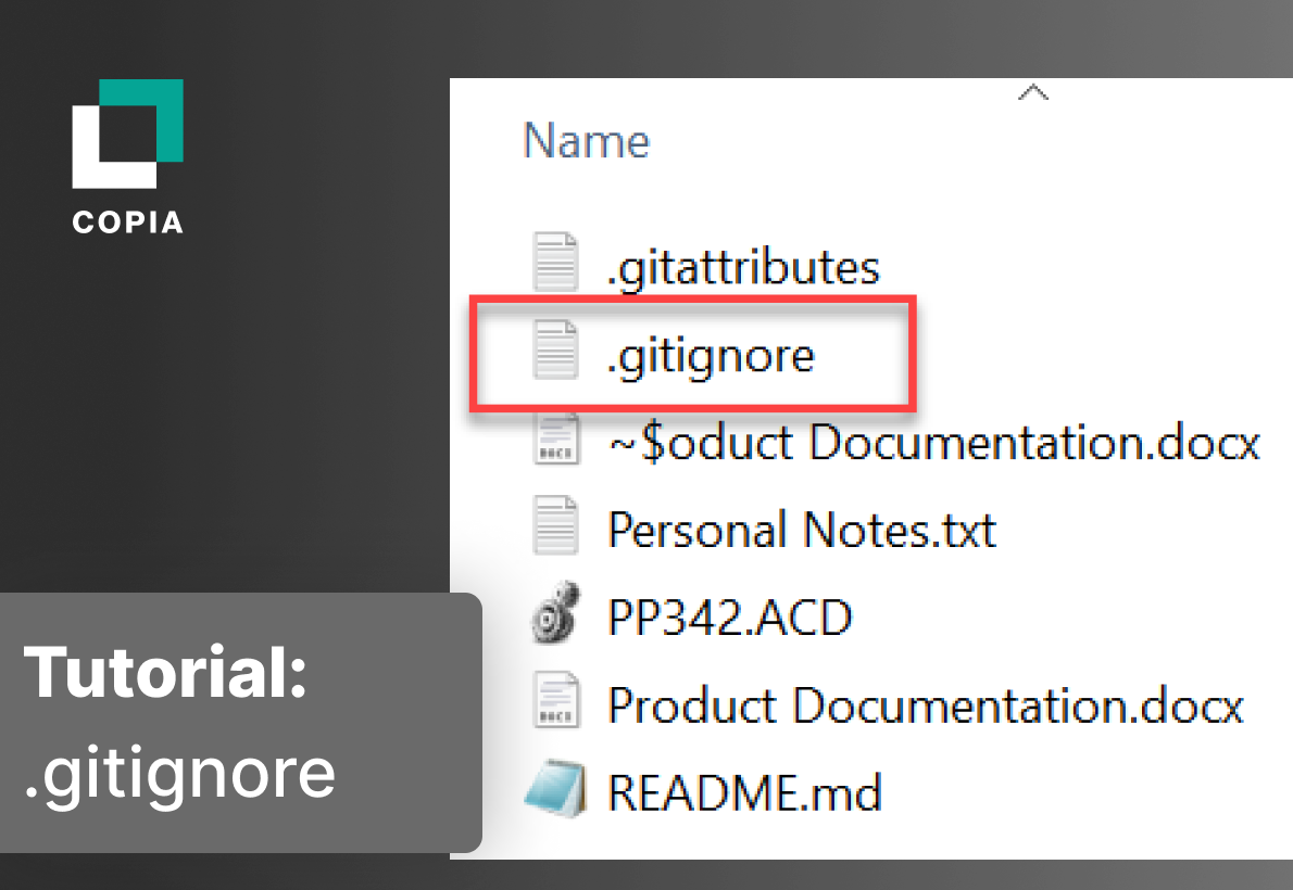 A file explorer window highlighting the .gitignore file with a tutorial label on a dark background.
