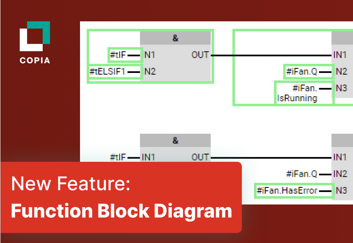 A function block diagram with labeled logic blocks, connections, and a red banner highlighting a new feature for automation