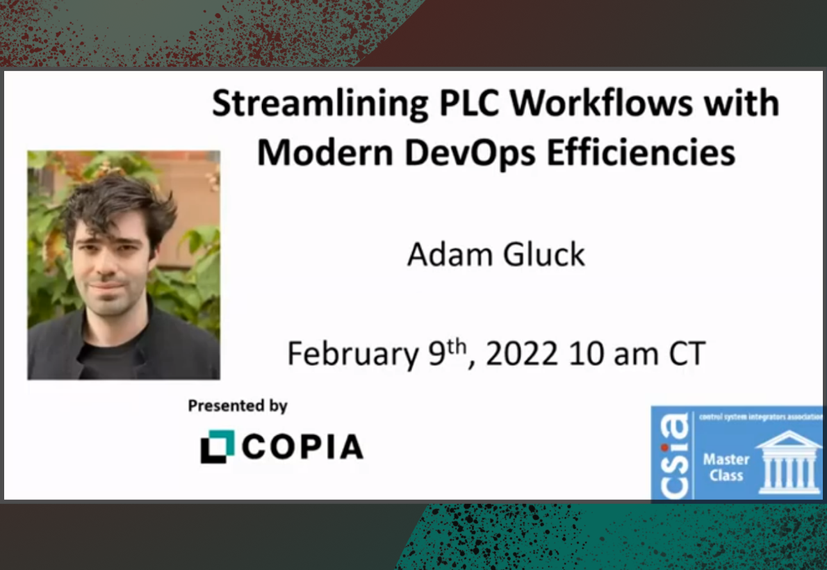 Title slide for a webinar on streamlining PLC workflows with modern DevOps efficiencies, featuring speaker Adam Gluck.