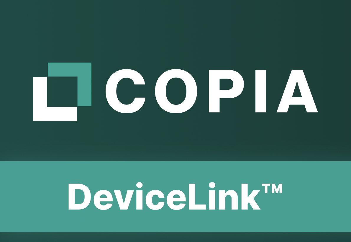 Copia DeviceLink logo with a dark green background and white text, highlighting automation technology.