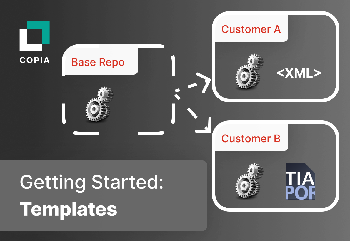 Flowchart illustrating base repository branching into XML for Customer A and a TIA portal file for Customer B.