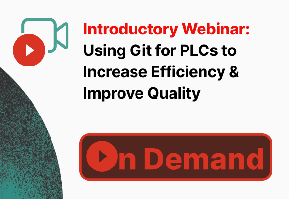 An introductory webinar poster with a red "On Demand" button, promoting Git for PLCs to boost efficiency and quality.