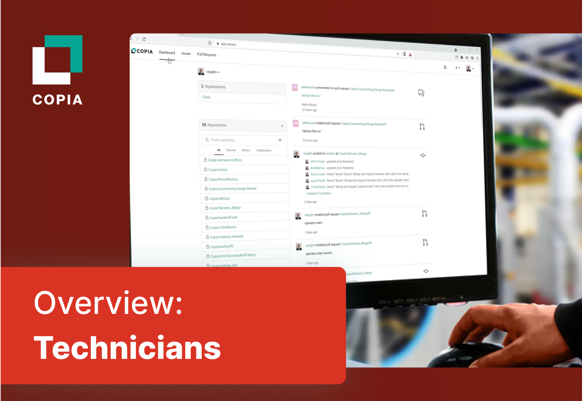 A technician's hand operates a computer displaying a project management dashboard with code repositories and activity