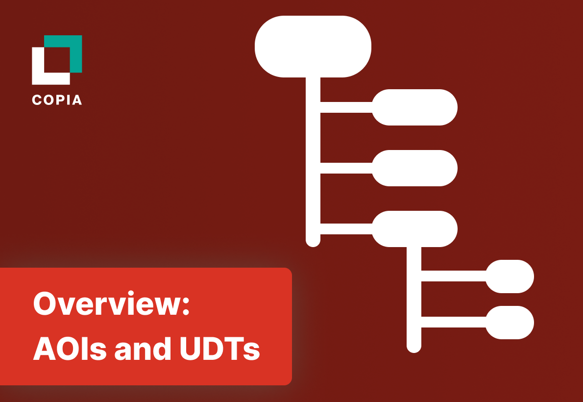 A white flowchart diagram on a red background with the text "Overview: AOIs and UDTs" and a COPIA logo in the top left