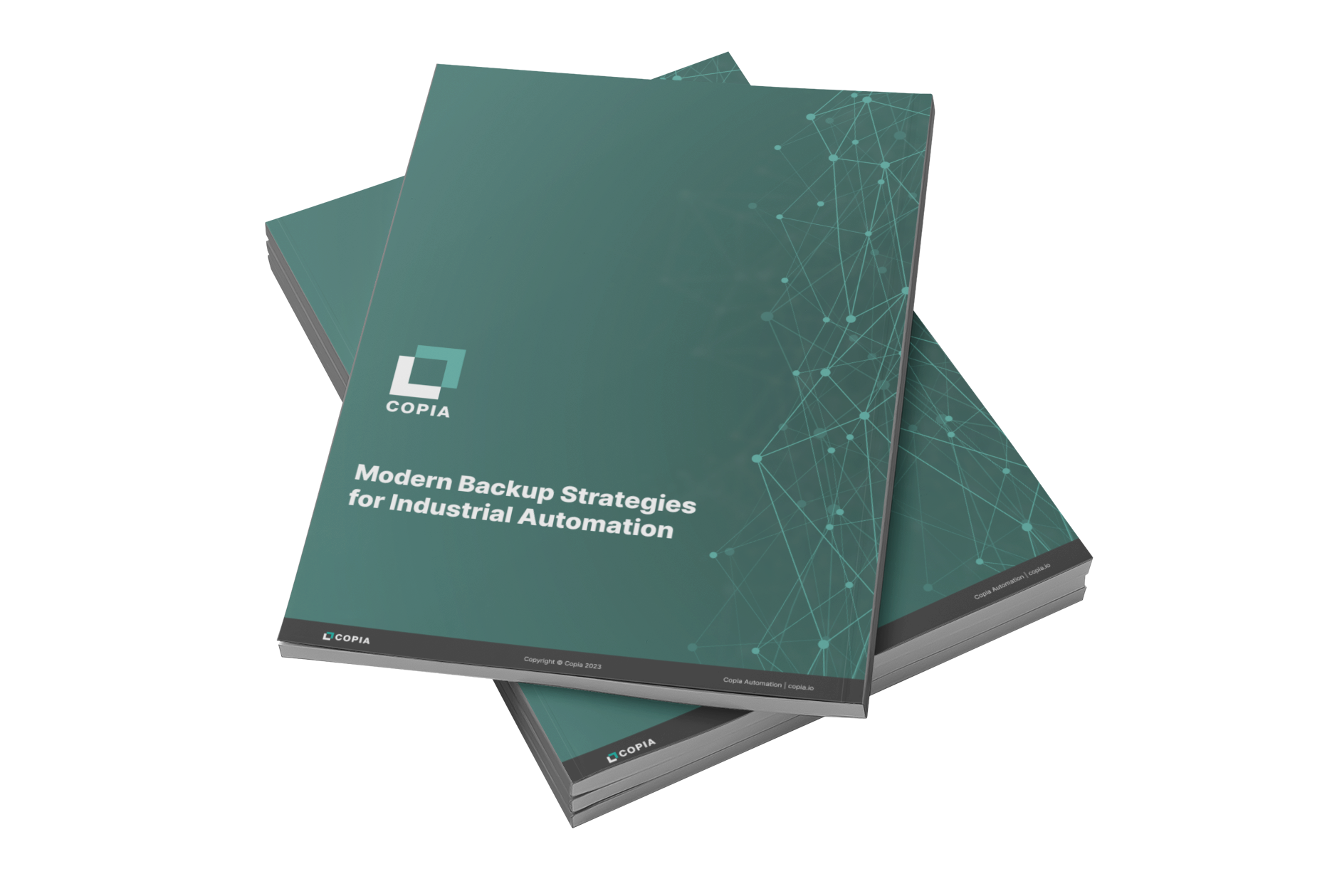 Two stacked digital books titled "Modern Backup Strategies for Industrial Automation" with a teal cover and a network