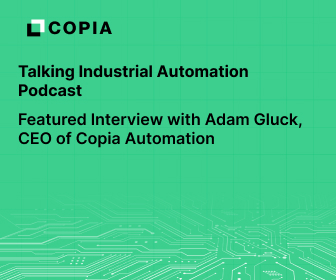 A green digital background with text about a podcast interview with Adam Gluck, CEO of Copia Automation.