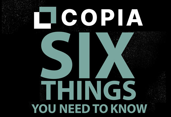 Copia Six Things You Need to Know logo with bold white and teal text on a black background.