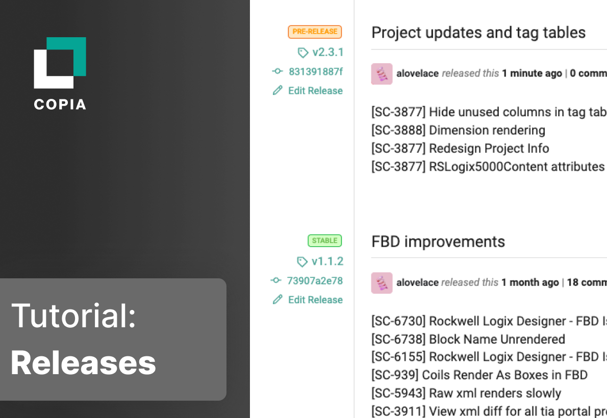 A screenshot of project updates and tag tables from COPIA's release notes, including version info and recent changes.