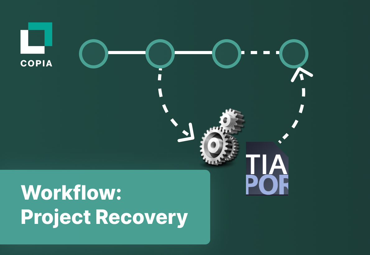 Flowchart illustrating project recovery process with interconnected circles, gears, and the text "TIA POF" on a dark green