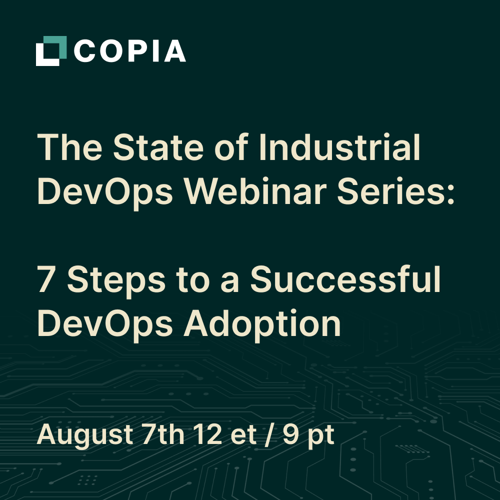 A promotional poster for a webinar series on industrial DevOps, highlighting seven steps to successful adoption on August
