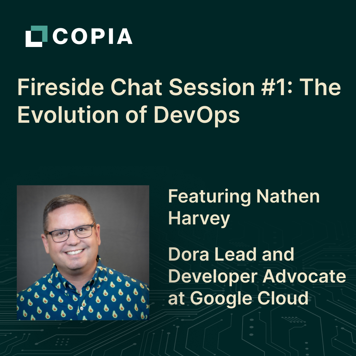 Nathen Harvey, wearing glasses and a patterned shirt, smiles in a headshot for the Fireside Chat session on DevOps evolution.