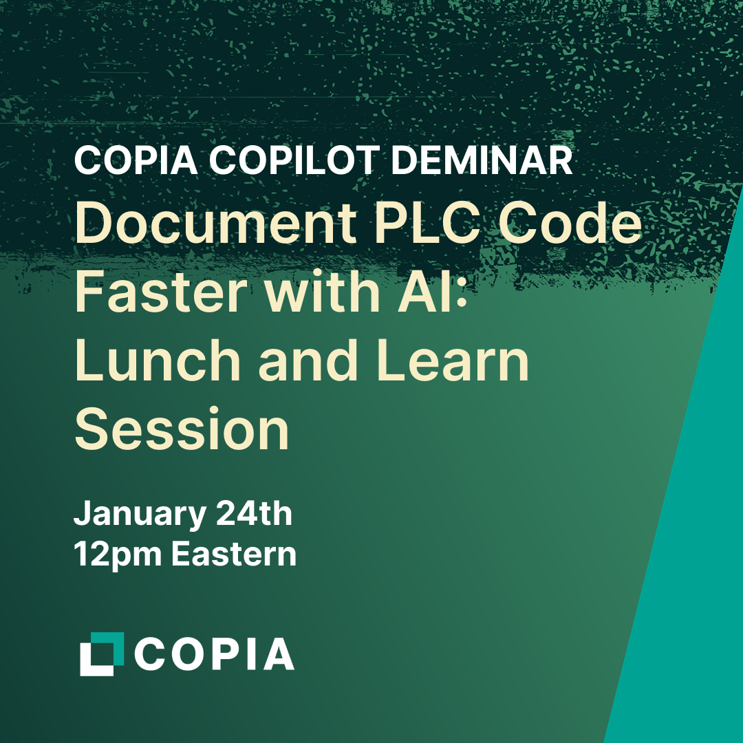 A digital graphic promoting a Lunch and Learn session on using AI to accelerate document PLC code, scheduled for January