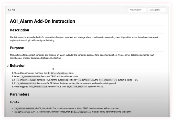 A screenshot of a webpage titled "AOI_Alarm Add-On Instruction" explaining alarm condition monitoring and parameters for a