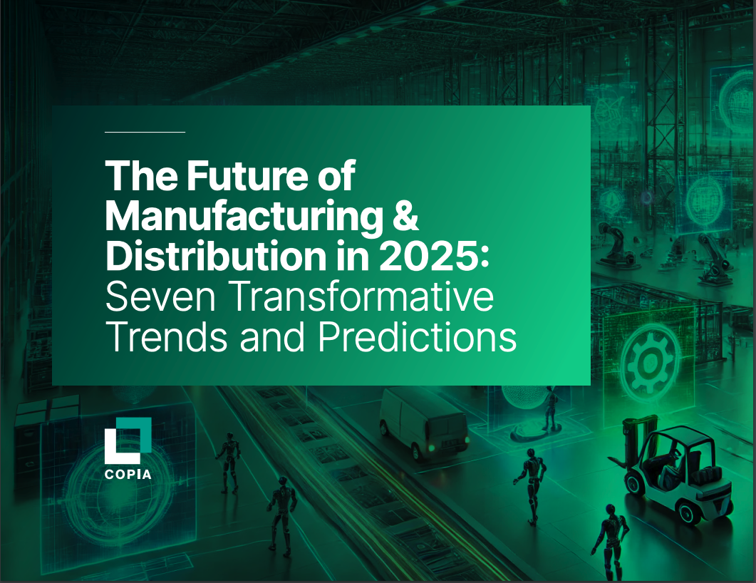 A futuristic manufacturing facility with robots, digital displays, and a green overlay highlighting trends and predictions