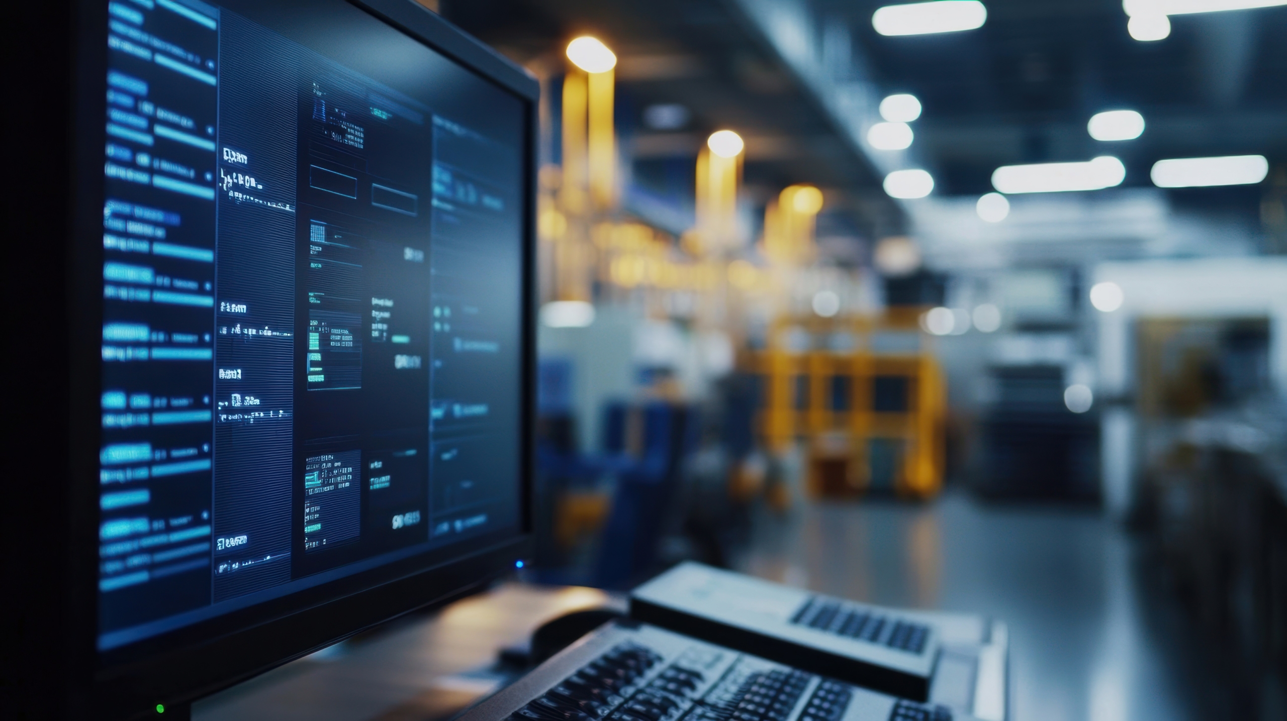 Computer monitor displaying software code in a modern industrial factory setting with automation and advanced technology.