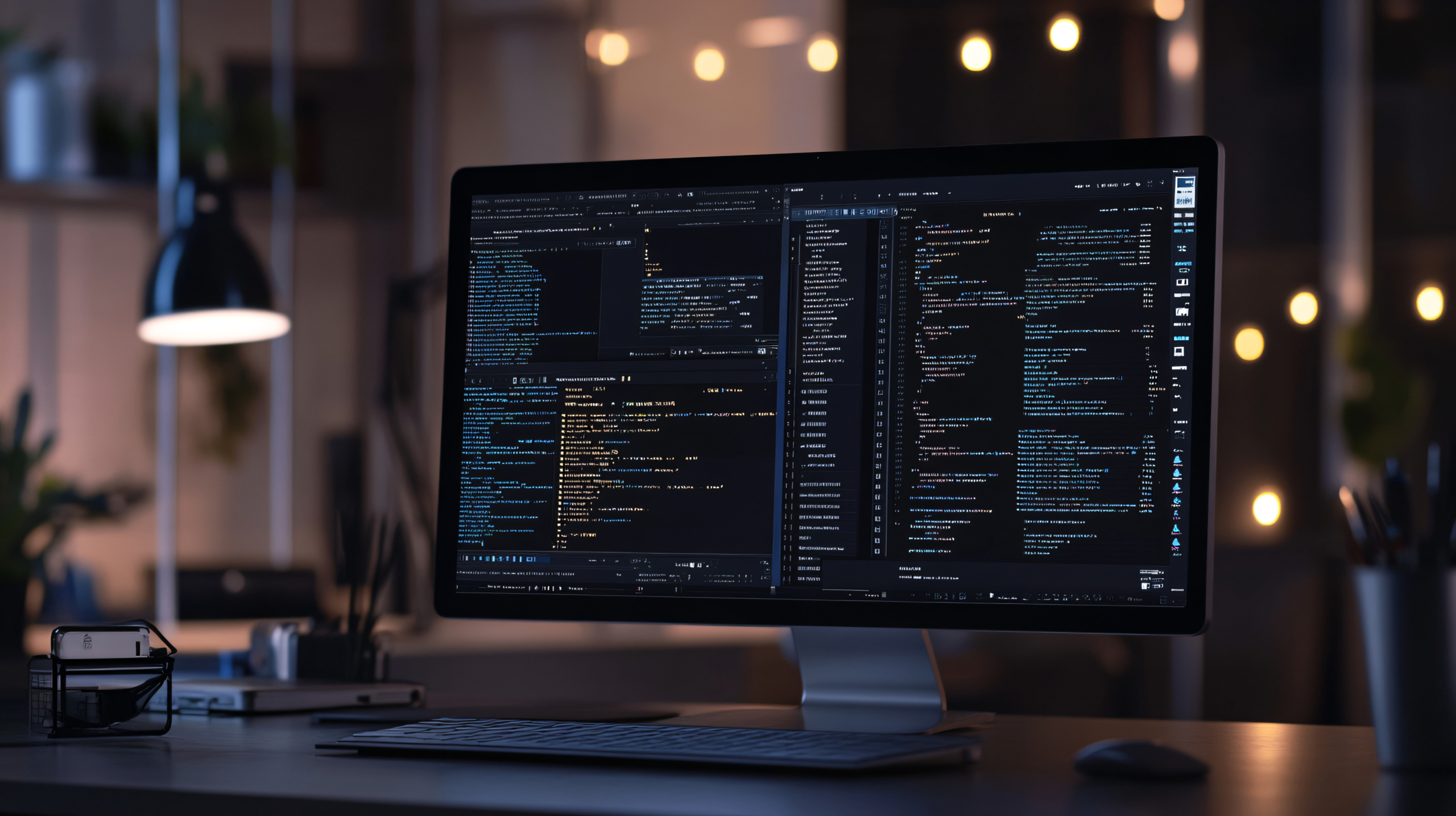 A computer monitor displays code and documentation tools, highlighting AI-assisted features for automatic technical