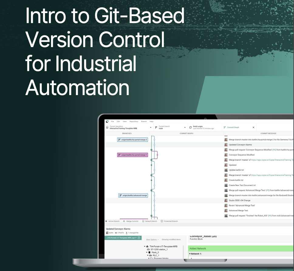 A screenshot of a Git-based version control interface for industrial automation, showing branches, commits, and project