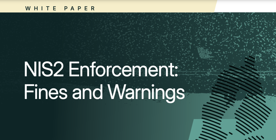 Cover page of a white paper titled "NIS2 Enforcement: Fines and Warnings" with a fingerprint graphic in the background.