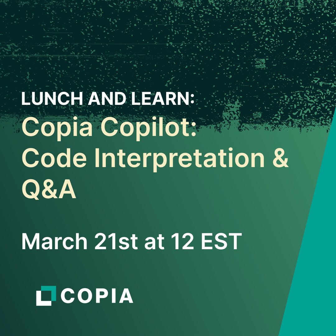 A promotional graphic for a lunch and learn event about Copia Copilot, code interpretation, and Q&A scheduled for March 21st