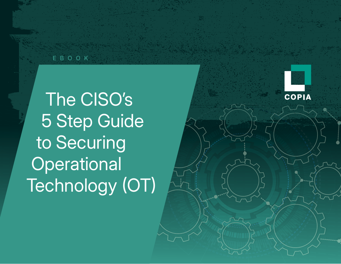 Cover of an ebook titled "The CISO’s 5 Step Guide to Securing Operational Technology (OT)" with gear illustrations and a