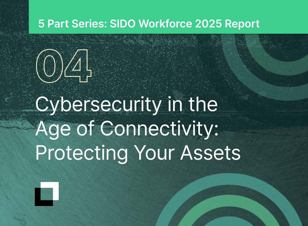 A digital cover page for a report titled "Cybersecurity in the Age of Connectivity: Protecting Your Assets" with a dark