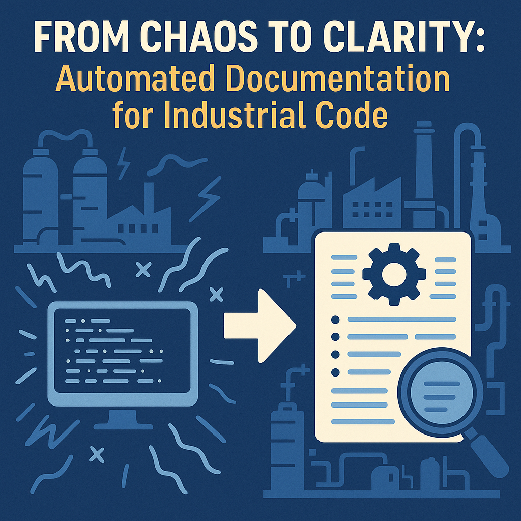 A digital illustration depicting the transition from chaotic industrial data to organized, automated documentation with
