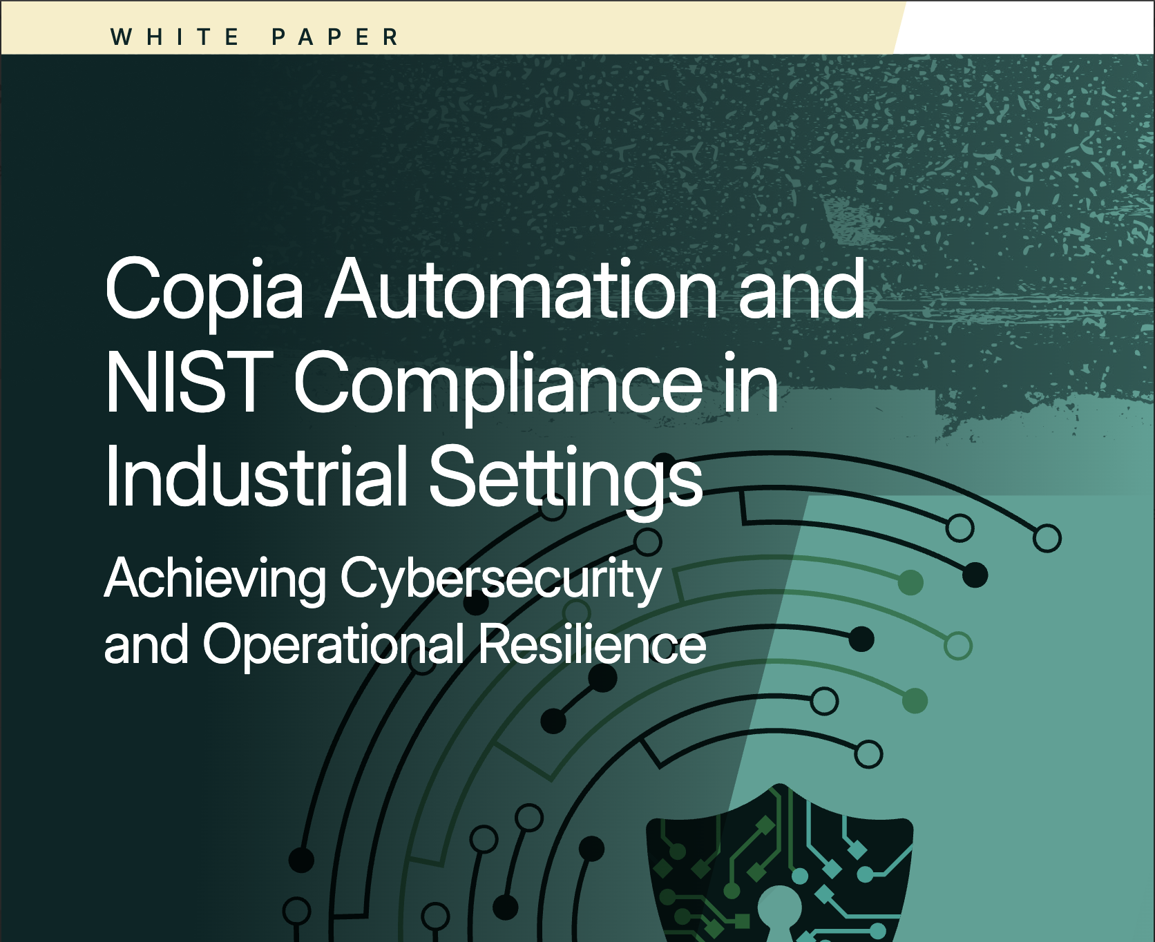 Cover page of a white paper titled "Copia Automation and NIST Compliance in Industrial Settings" with a digital circuit