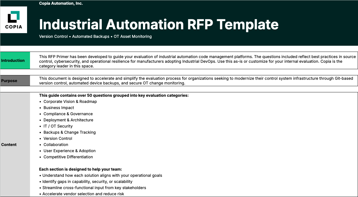 A screenshot of the "Industrial Automation RFP Template" document from Copia Automation, Inc., detailing evaluation