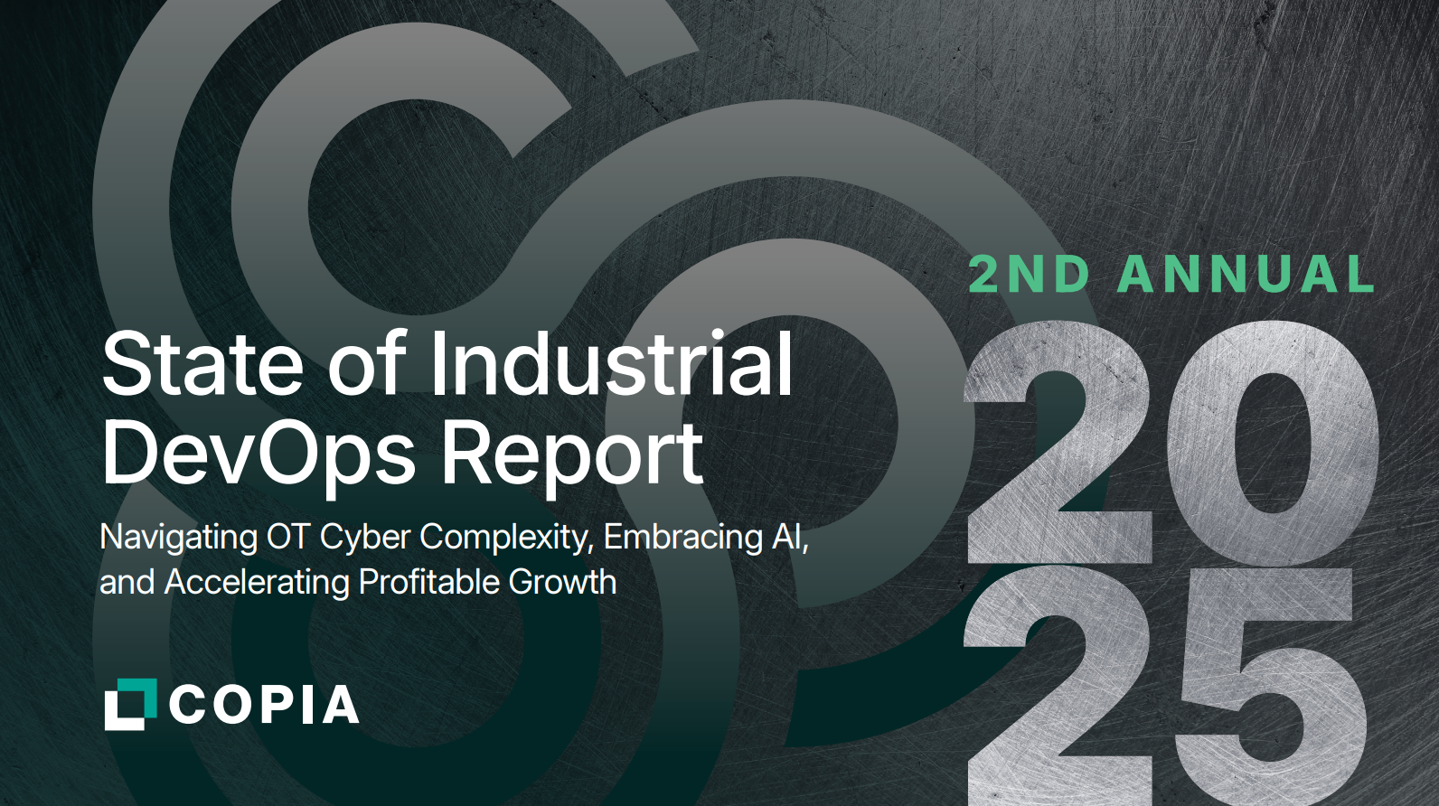 Cover page of the 2nd Annual State of Industrial DevOps Report featuring a dark textured background with large, overlapping