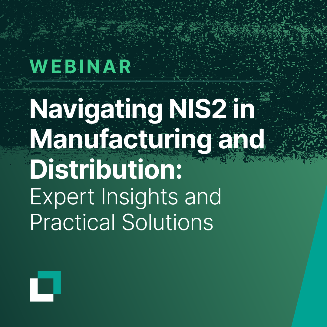 A promotional graphic for a webinar titled "Navigating NIS2 in Manufacturing and Distribution" with expert insights and