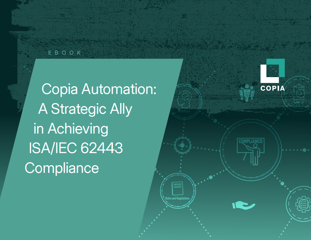Cover of an ebook titled "Copia Automation: A Strategic Ally in Achieving ISA/IEC 62443 Compliance" with icons related to