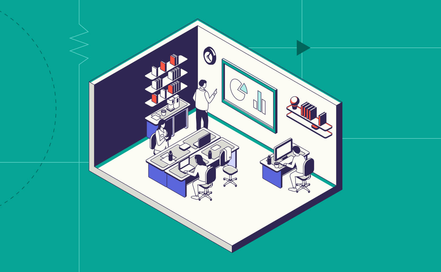 A team discusses data and charts in a modern office with shelves, desks, and a large presentation screen.