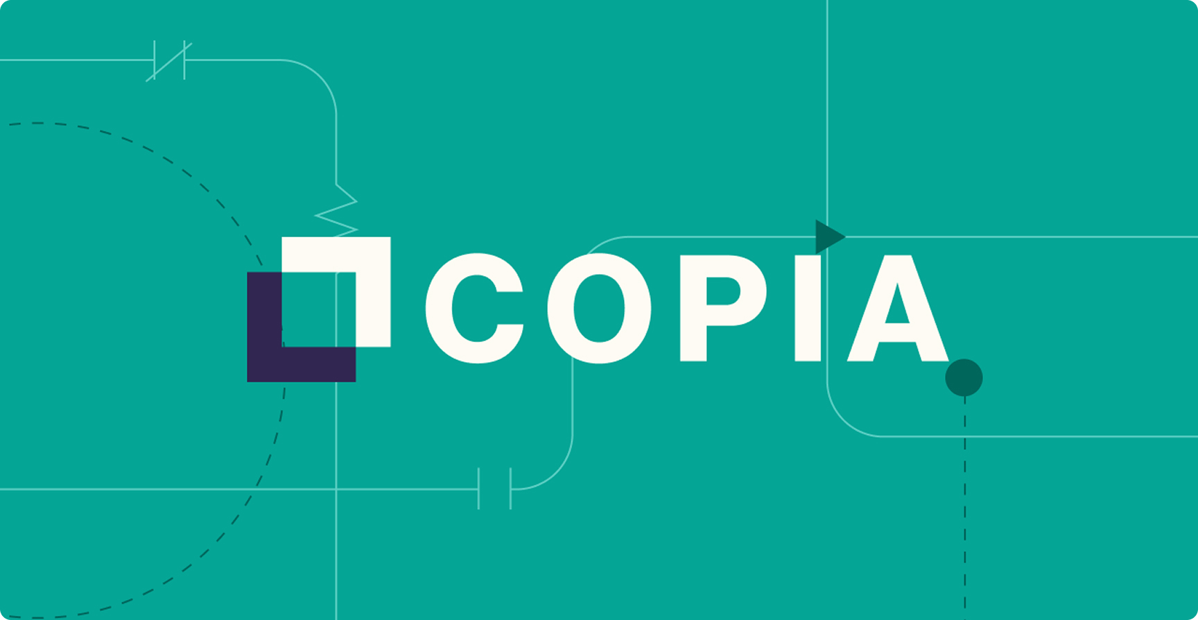 The image features the word "Copia" with geometric shapes and circuit-like lines on a teal background.