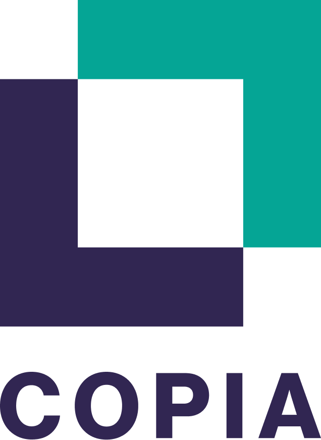 A black square with a teal top right corner and a purple bottom left corner, with the word "COPA" in bold purple letters