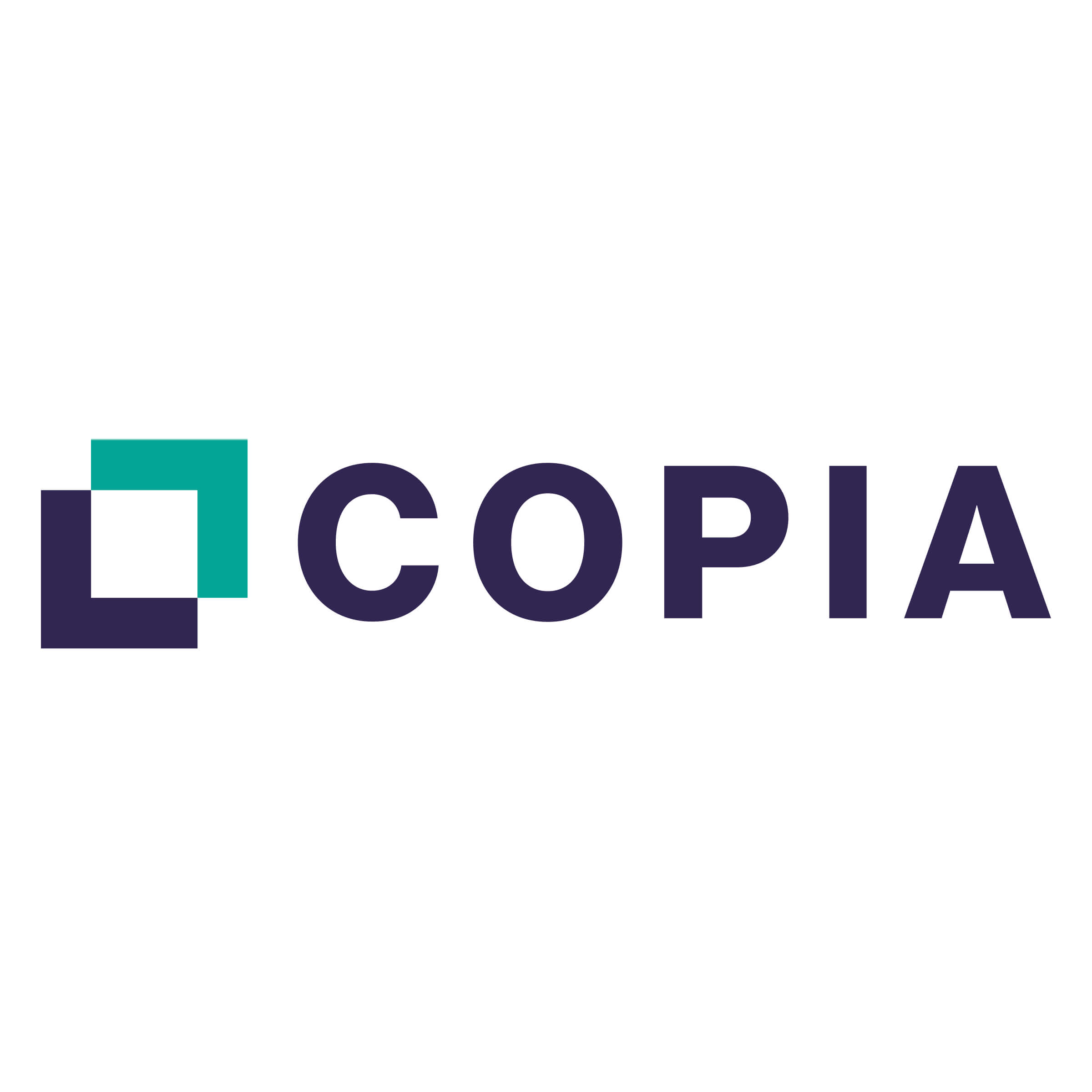 A logo with two overlapping squares, one teal and one dark blue, followed by the word "COPIA" in bold dark blue letters.