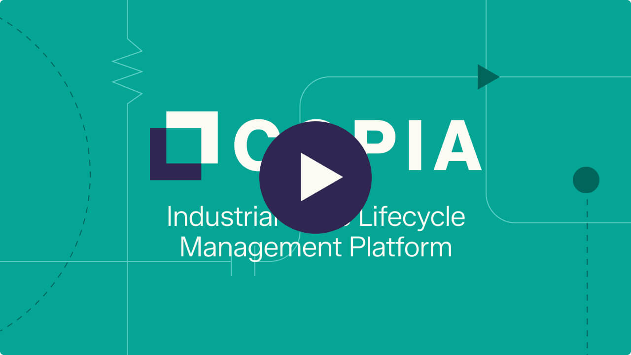 Copia Home's industrial lifecycle management platform logo with a play button overlay on a teal background.