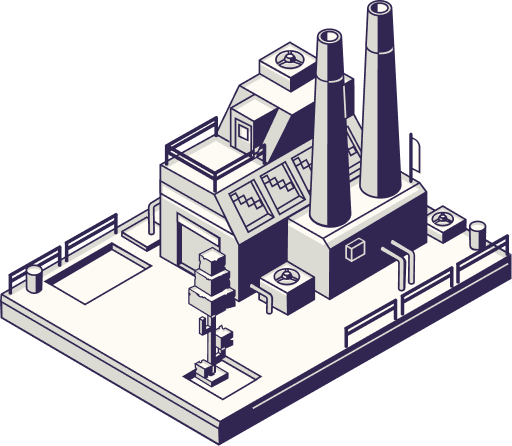 An isometric illustration of an industrial factory with smokestacks, machinery, and safety barriers, emphasizing industrial