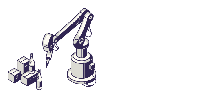 A robotic arm assembles bottles on a production line in an industrial setting.