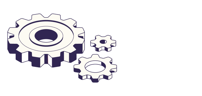 Three interlocking gears of different sizes are depicted in a digital illustration with a dark background.