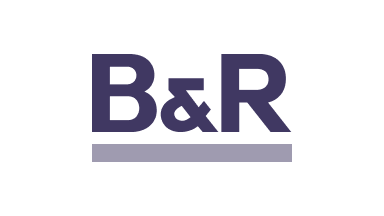 A logo with the text "B&R" in bold, dark purple letters, with an underline beneath the text.