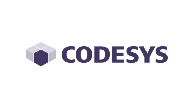 CODESYS logo featuring a hexagonal icon and the word "CODESYS" in bold, dark purple text.