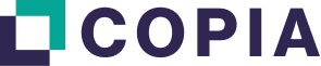 A modern logo featuring a stylized geometric shape in teal and purple next to the word "COPIA" in bold, dark letters.