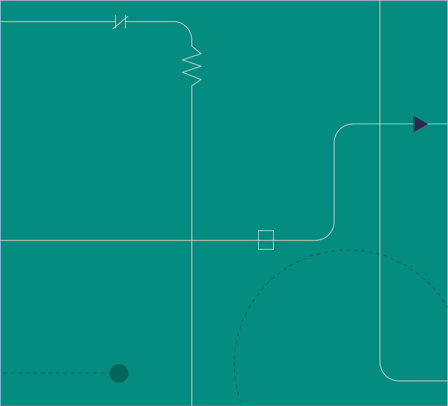 A digital circuit diagram with various interconnected components and symbols on a teal background.