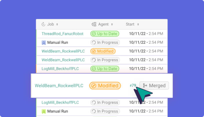 A screenshot of a device management interface showing job statuses, including "Up to Date" and "Modified," with a cursor